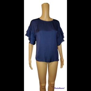 NAKED ZEBRA Double Ruffle Sleeve Silky Blue Blouse Sz S Navy